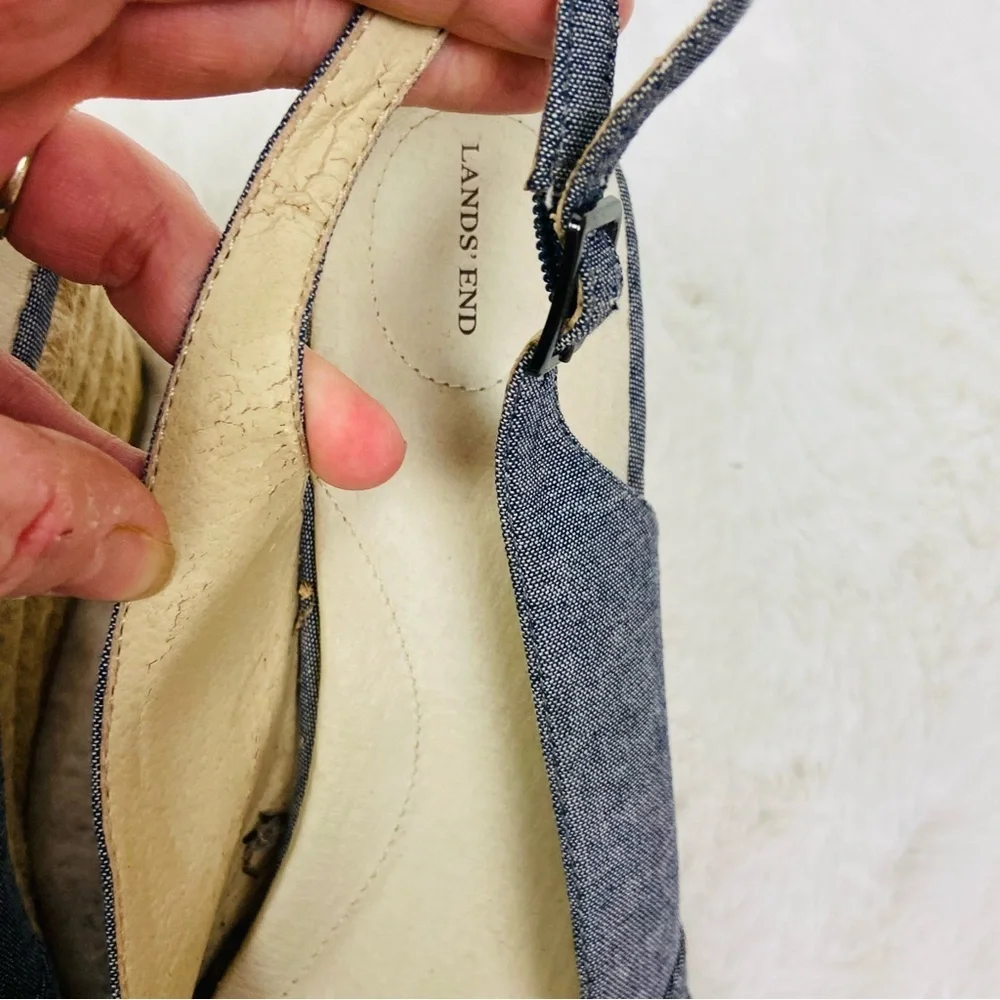 Lands' End denim Blue espadrille Wedge Sandals size 10